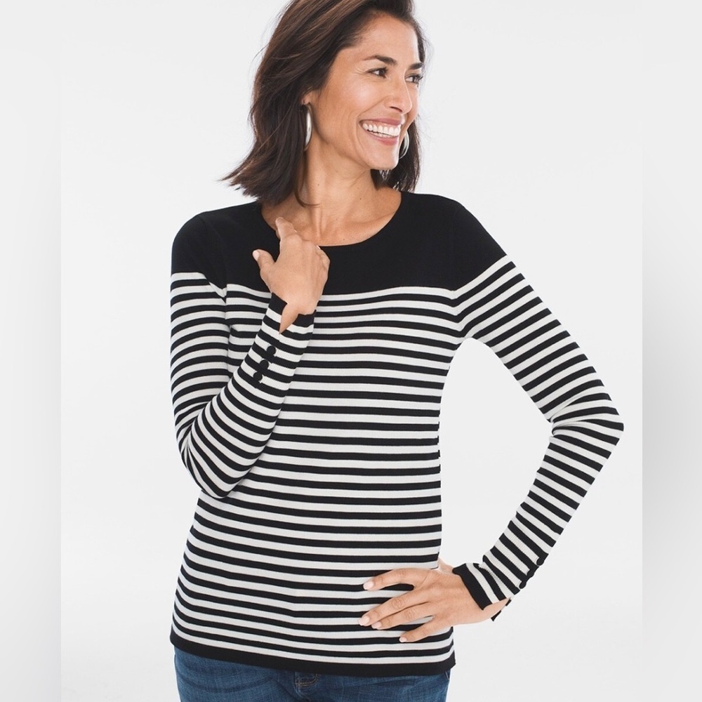 CHICOS STRIPED BUTTON-SLEEVE PULLOVER SWEATER / 2